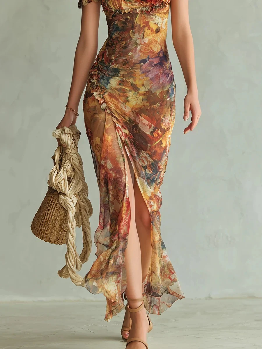 V-neck, Fitted Waist, Ruffled Long Dress - Image 5