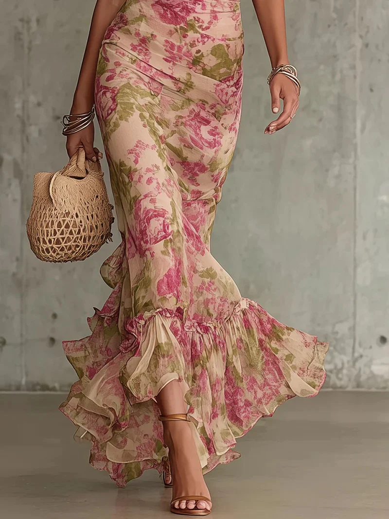 Floral Ruffles, Puff Sleeves, Cinched Waist Maxi Dresses - Image 3