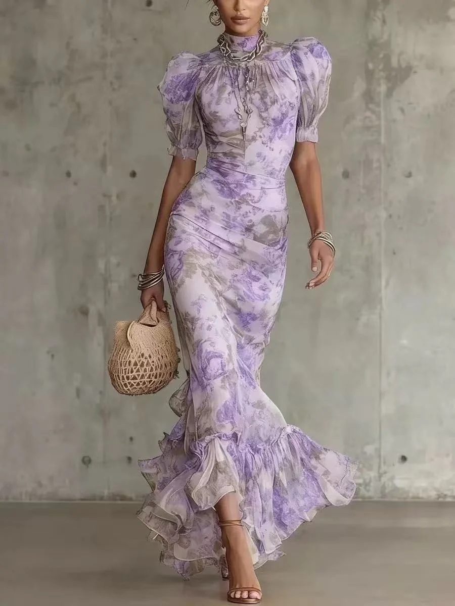 Floral Ruffles, Puff Sleeves, Cinched Waist Maxi Dresses - Image 4