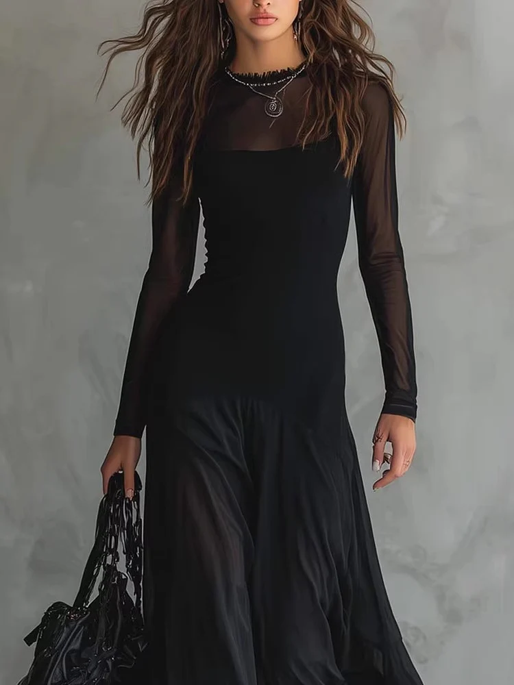 Pleated Mesh Patchwork Long Dress - Image 2
