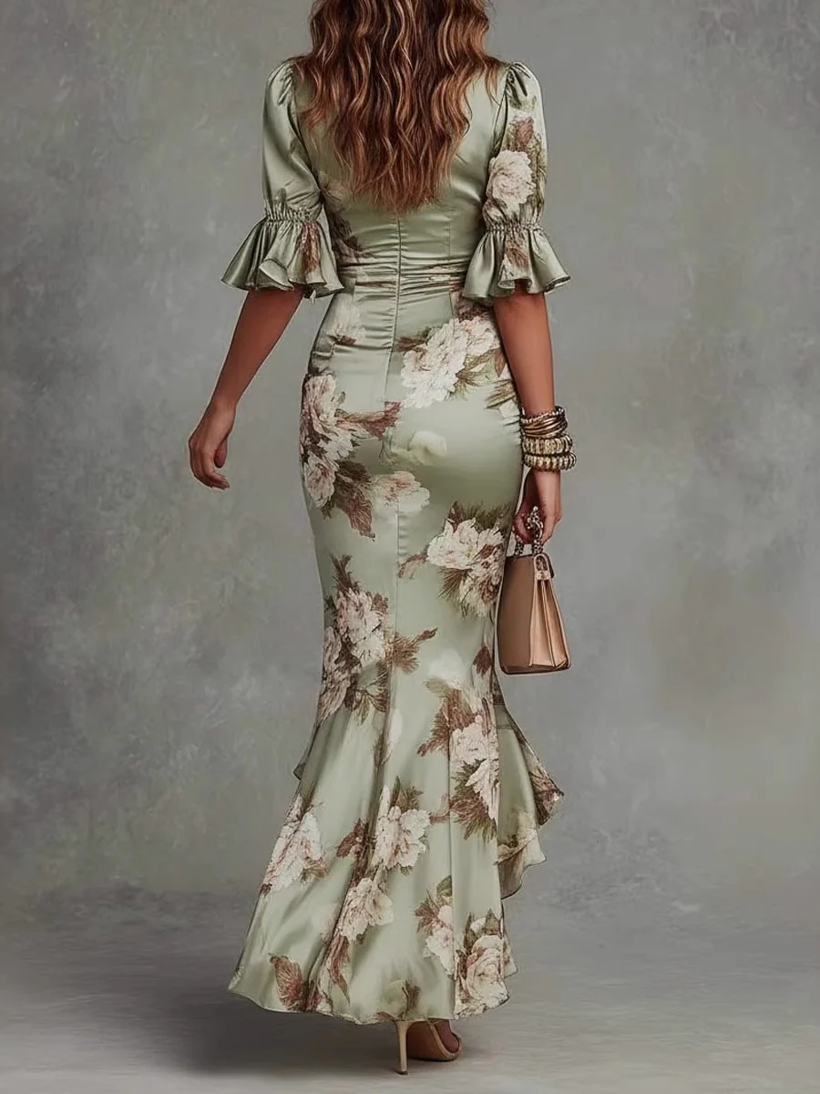 V-neck Slim-fit Printed Ruffle Long Dress - Image 2