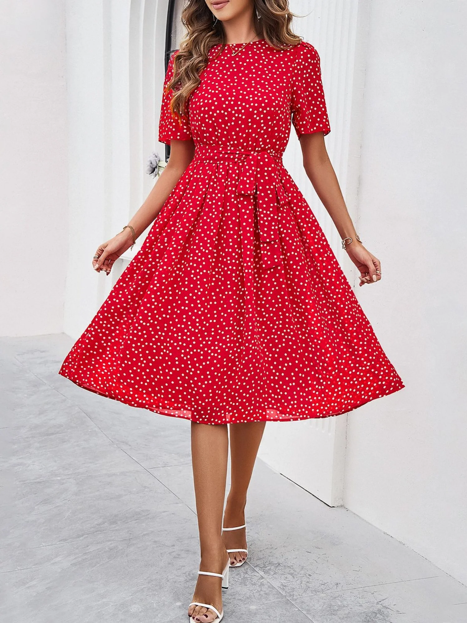 Polka Dots Crew Neck Waist Tie Short Sleeves Maxi Dresses - Image 5