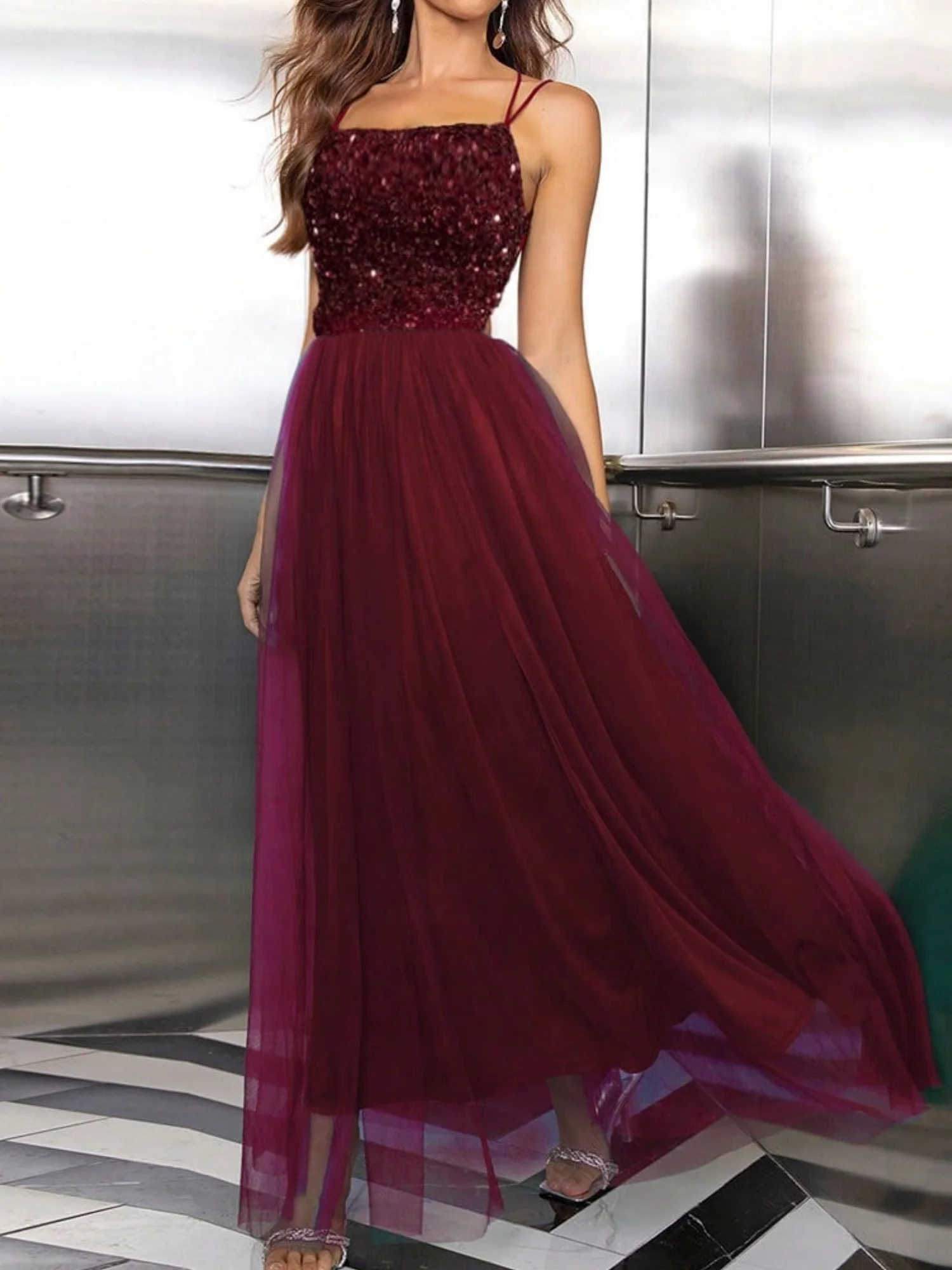 Sequins Mesh Splicing Suspenders Sweet Maxi Dresses - Image 10