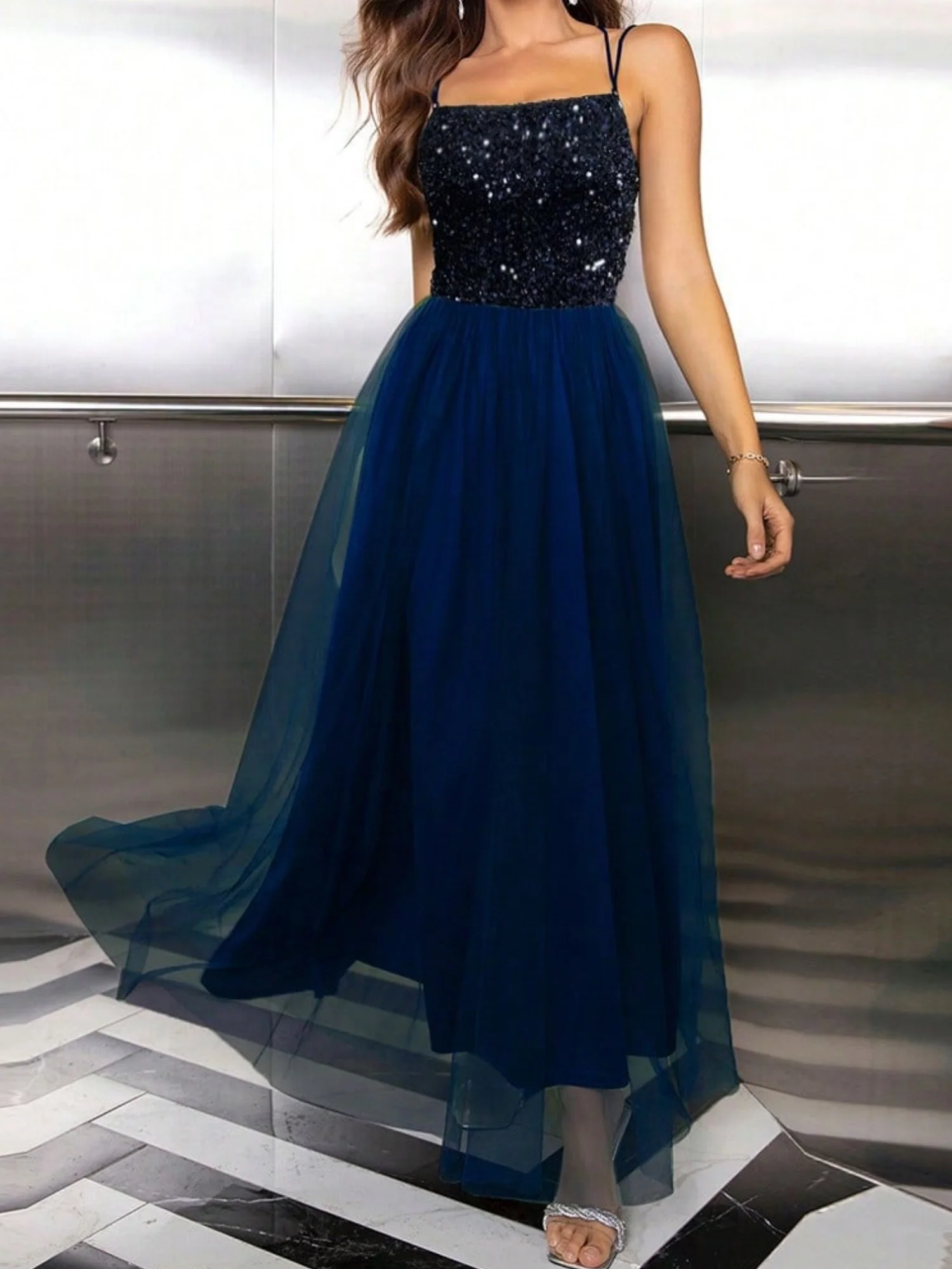 Sequins Mesh Splicing Suspenders Sweet Maxi Dresses - Image 7