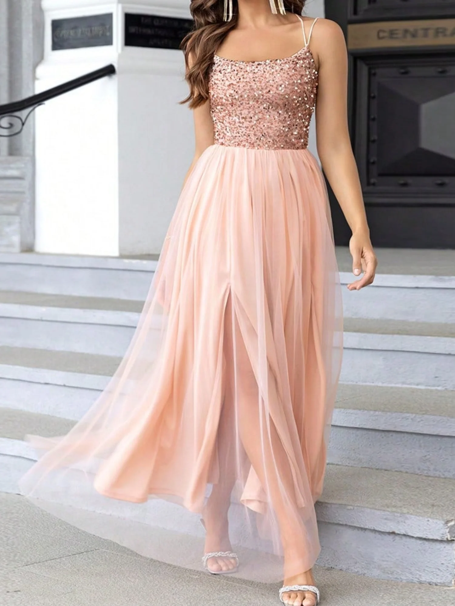 Sequins Mesh Splicing Suspenders Sweet Maxi Dresses - Image 9