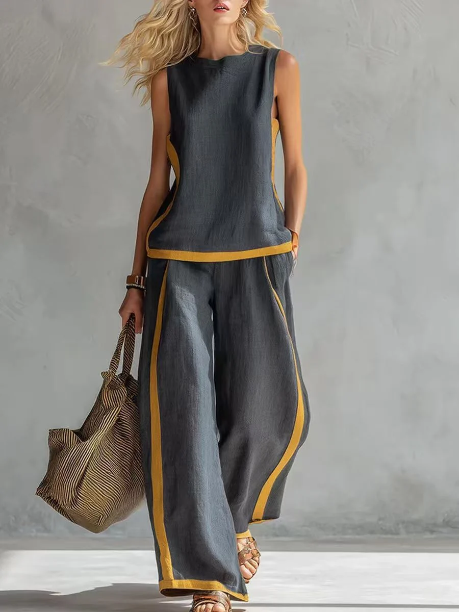 Sleeveless Color-blocked Wide-leg Pants Two-piece Set - Image 2
