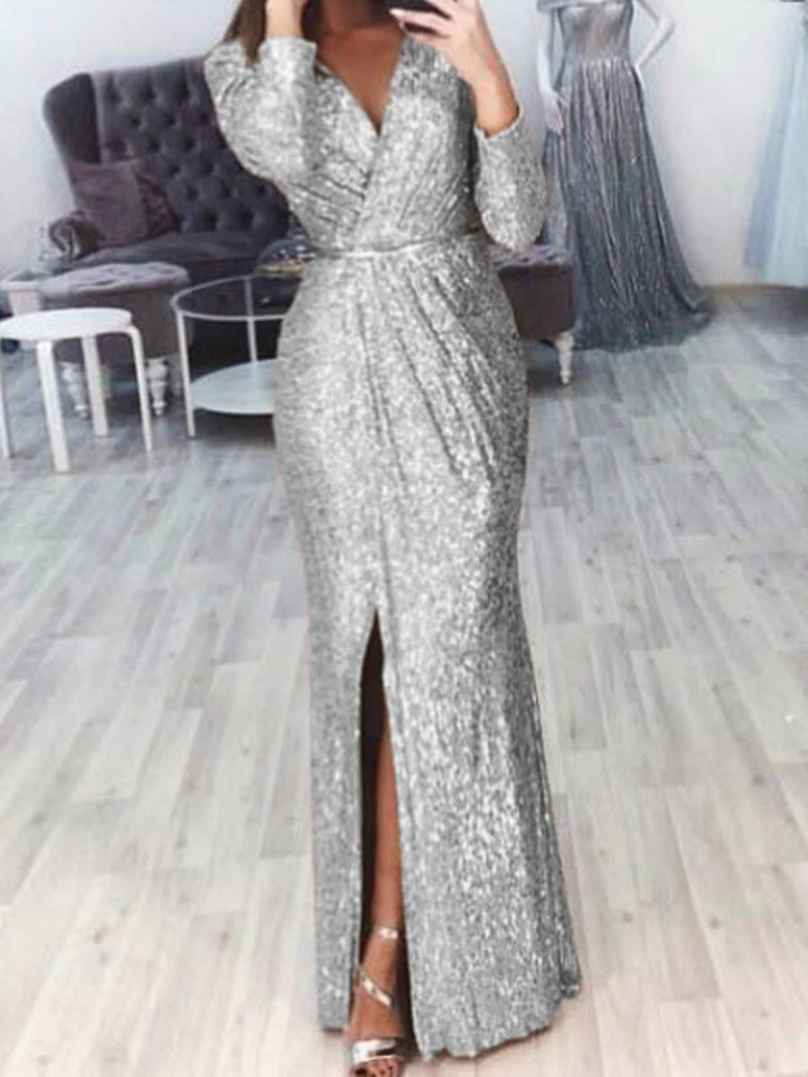 Deep V-neck Sparkly Waist-slimming Sequins Maxi Dresses - Image 2