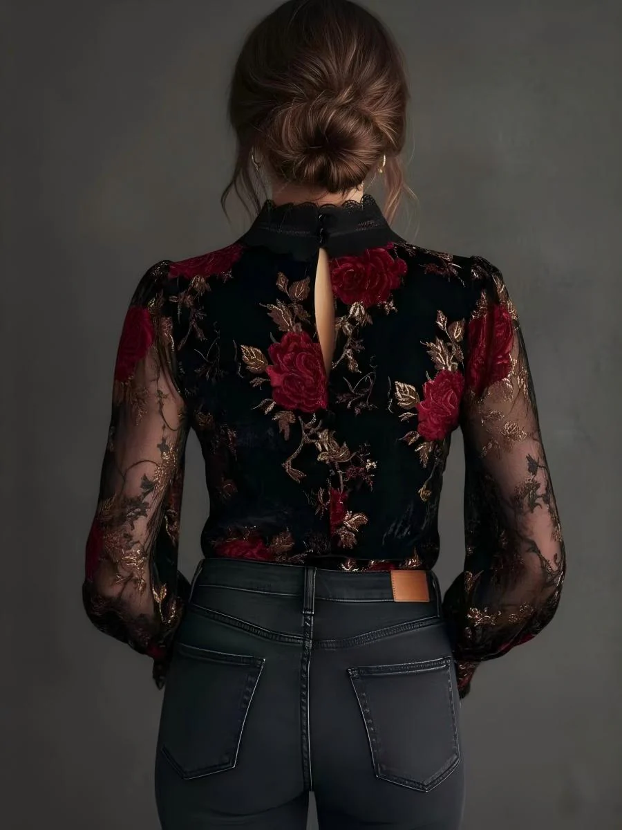 Black Loose-fitting Long-sleeved Floral Print Velvet Shirt - Image 2