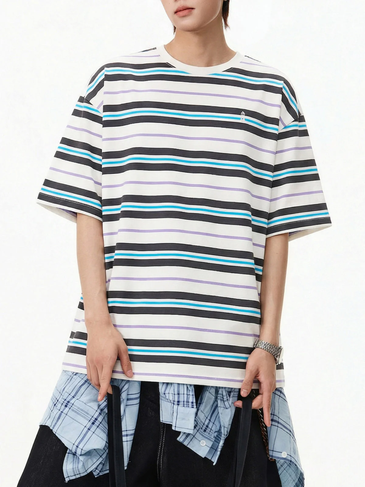 Retro Color-blocked Stripes Loose-fit T-shirts - Image 13