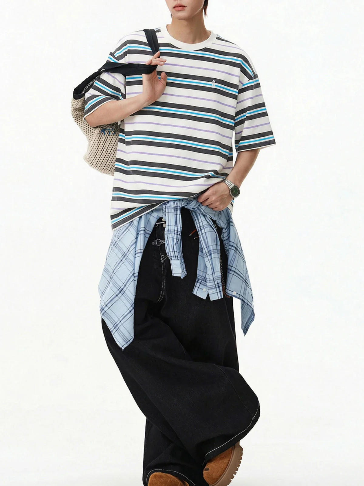Retro Color-blocked Stripes Loose-fit T-shirts - Image 14