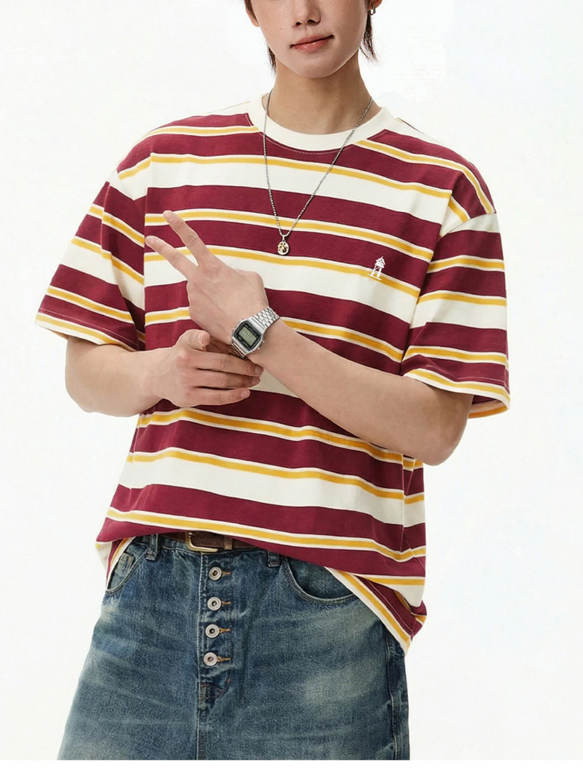 Retro Color-blocked Stripes Loose-fit T-shirts - Image 5