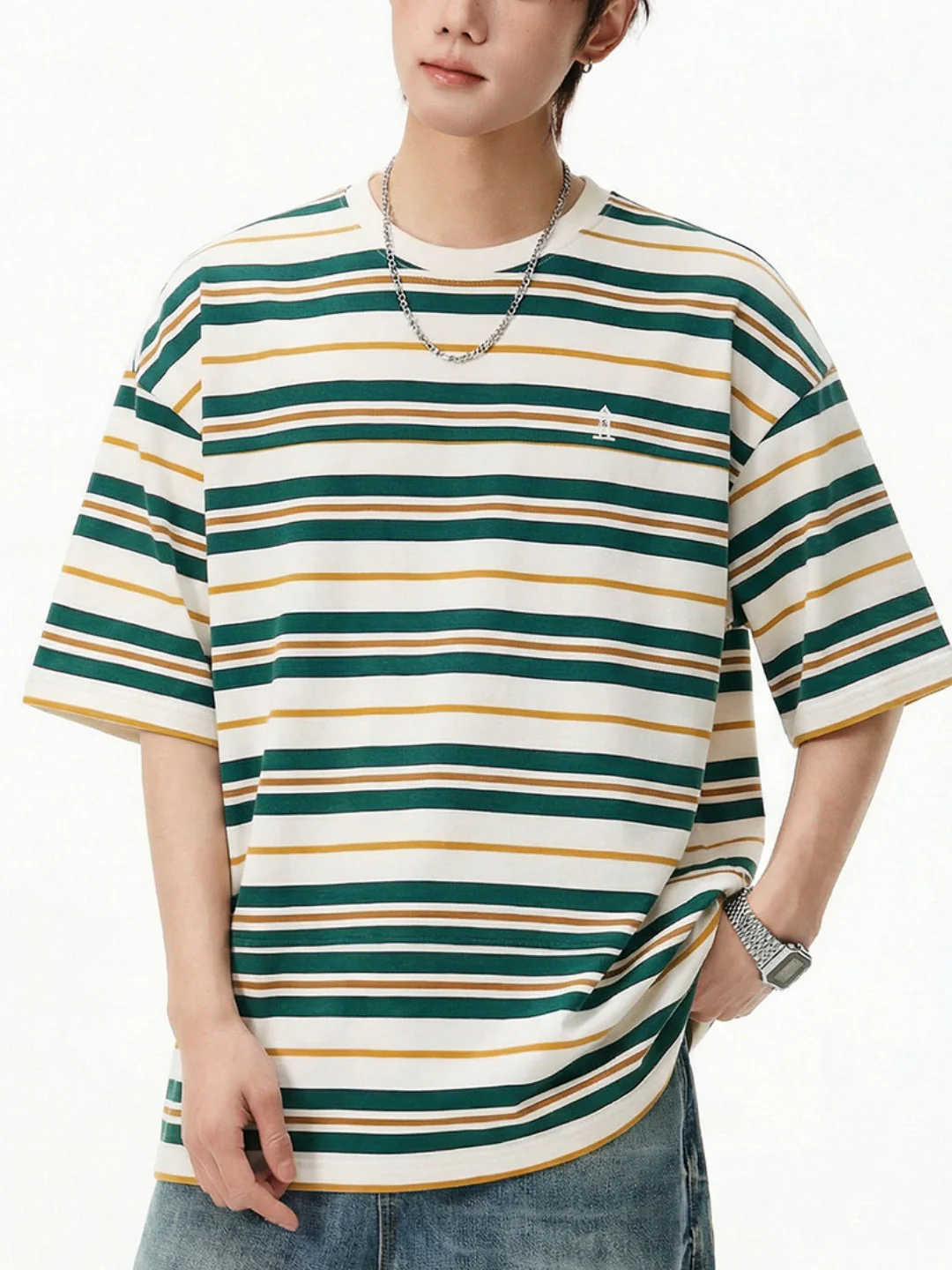 Retro Color-blocked Stripes Loose-fit T-shirts - Image 7