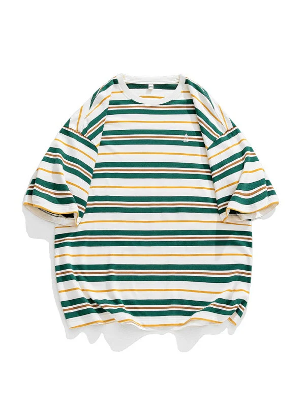 Retro Color-blocked Stripes Loose-fit T-shirts - Image 9