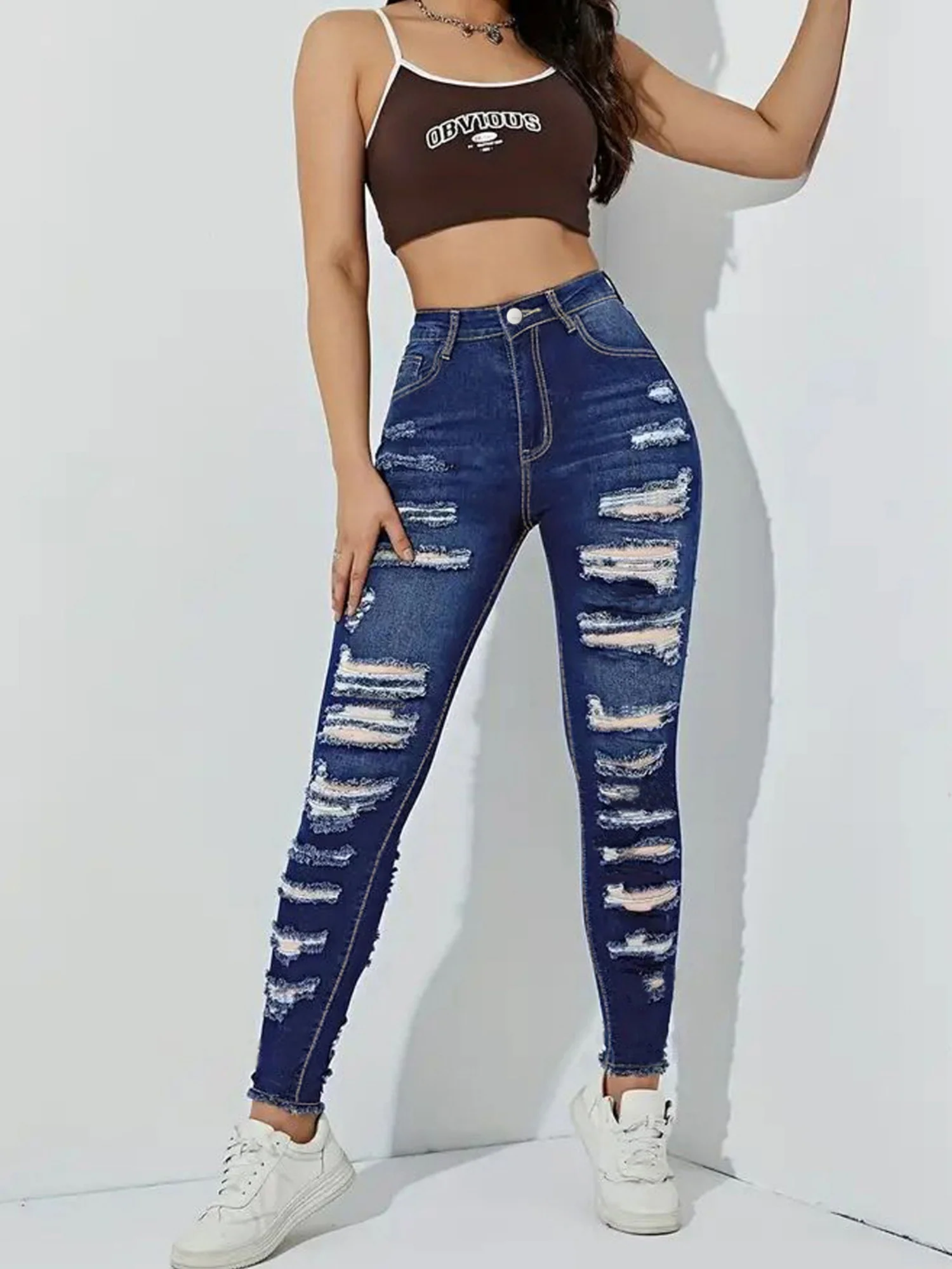 Ripped And Frayed Edges Stretch High-waisted And Slimming Pencil Pants Jeans - Image 4