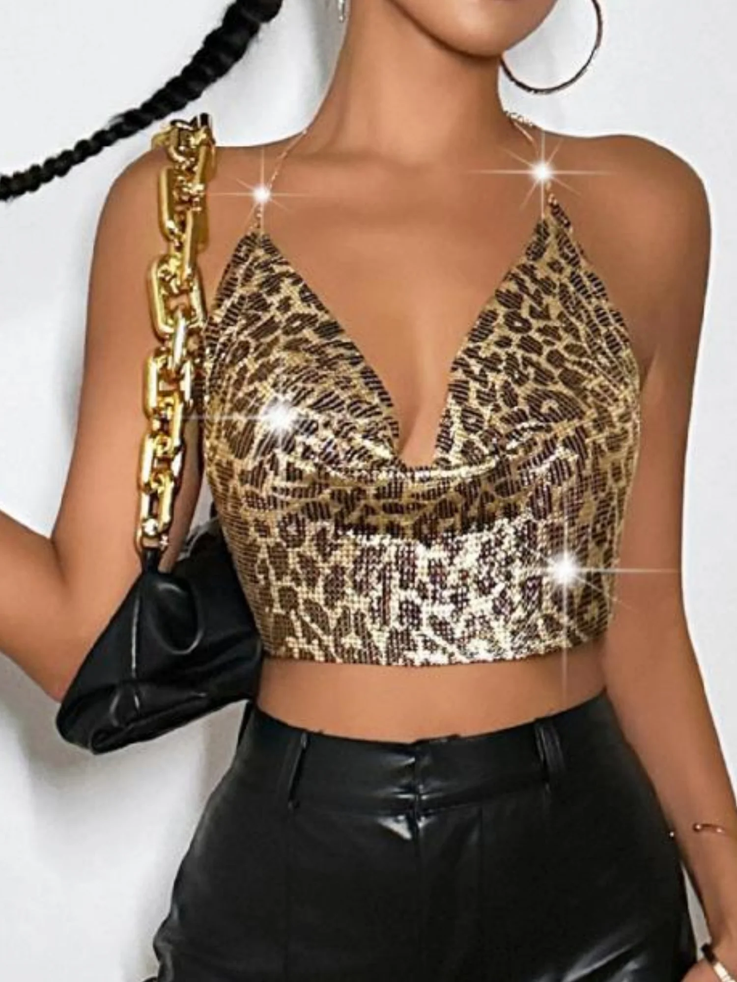 Leopard Print Metallic Sequins Halter Neck Sexy Tank Tops&Camis - Image 5