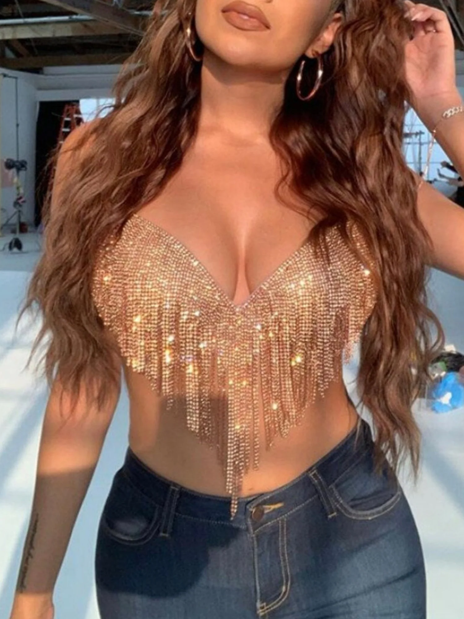 Diamond Sequins Tassel Halter Neck And Backless Tank Tops&Camis - Image 3