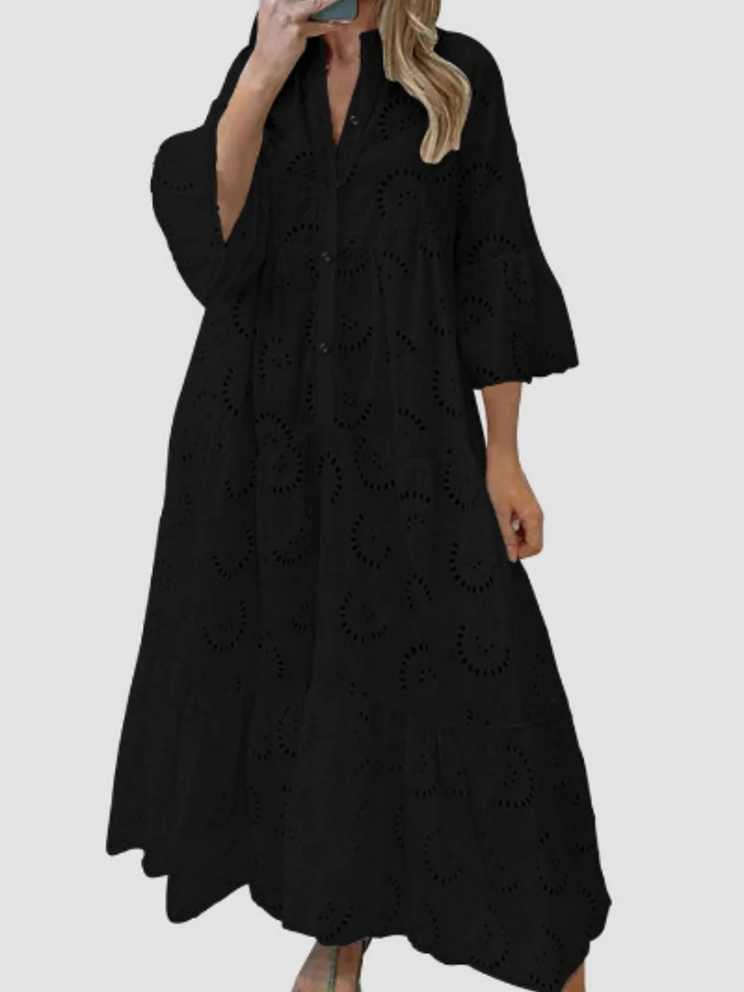 Lace Cutout V-neck Buttons  Flare Sleeve Maxi Dresses - Image 9