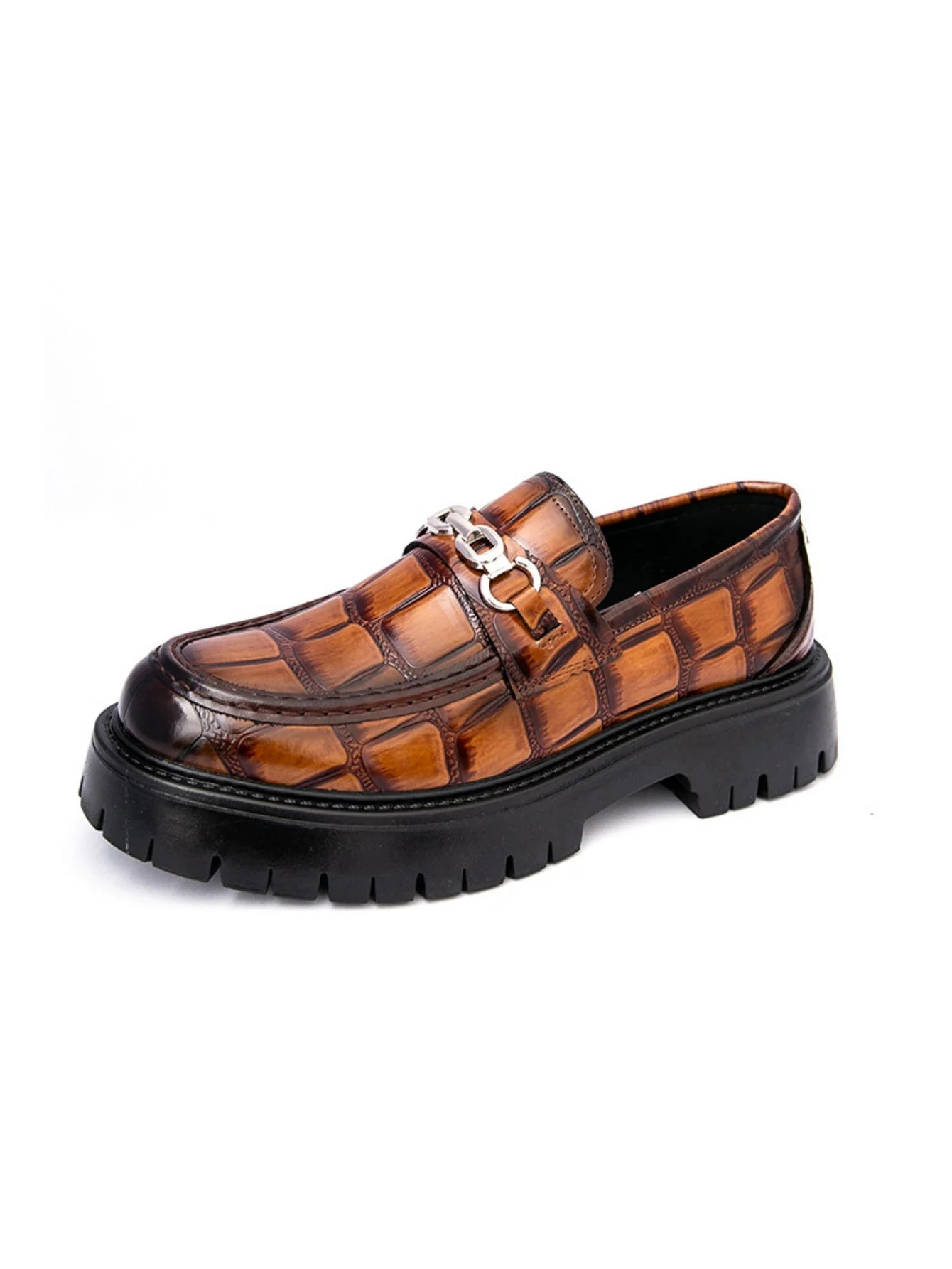 Stone-patterned Metal Buckle Platform Slip-on Loafers - Image 5