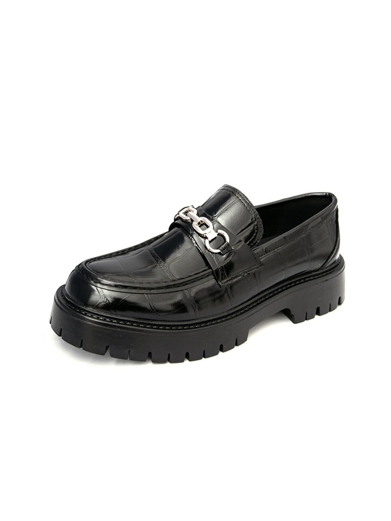 Stone-patterned Metal Buckle Platform Slip-on Loafers - Image 8