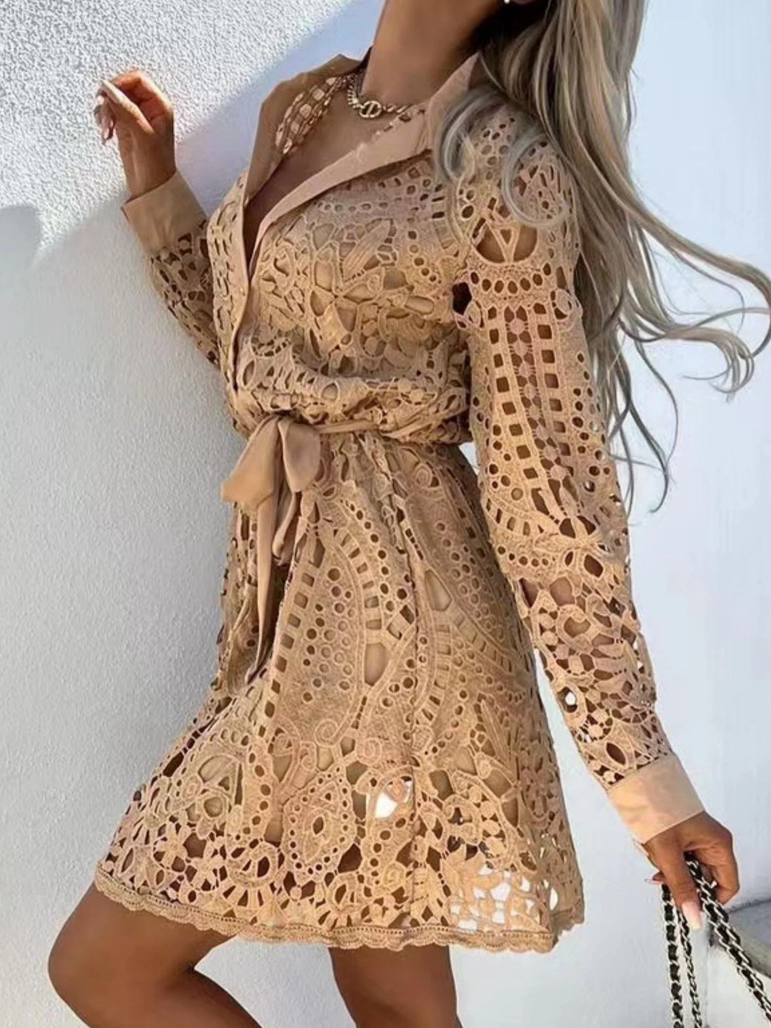 Lace Cutout Lace Up Long Sleeves Mini&Short Dresses - Image 6