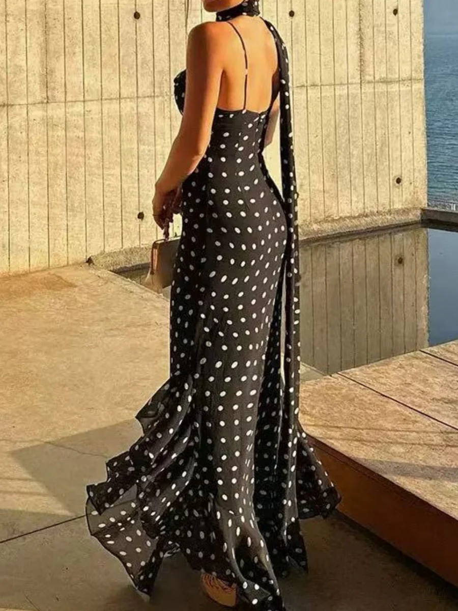 Sleeveless Polka Dot Scarf Collar Ruffled Spaghetti Strap Long Dress - Image 3