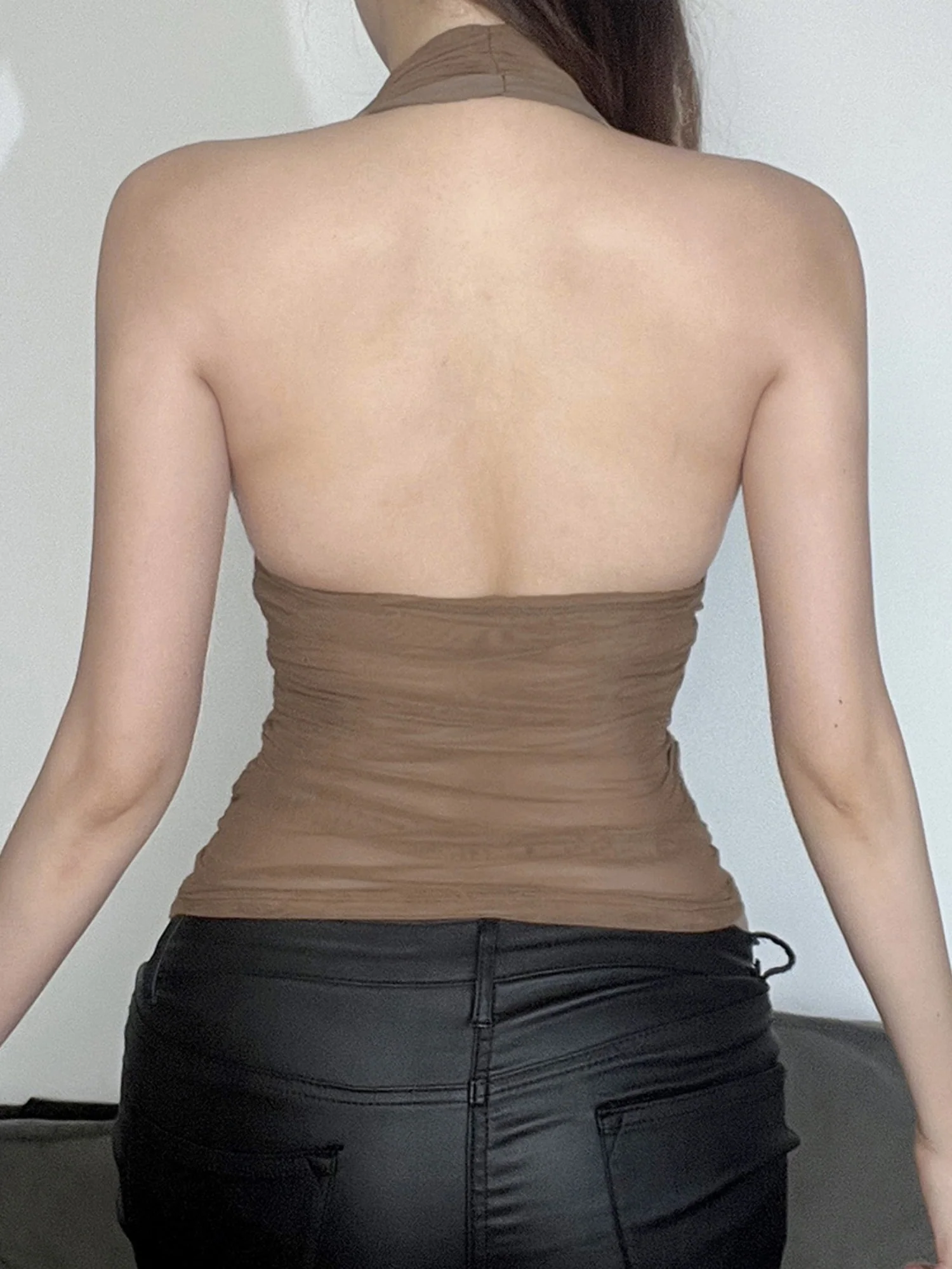 Mesh Pleats V-neck Halter Neck Backless Tank Tops - Image 2