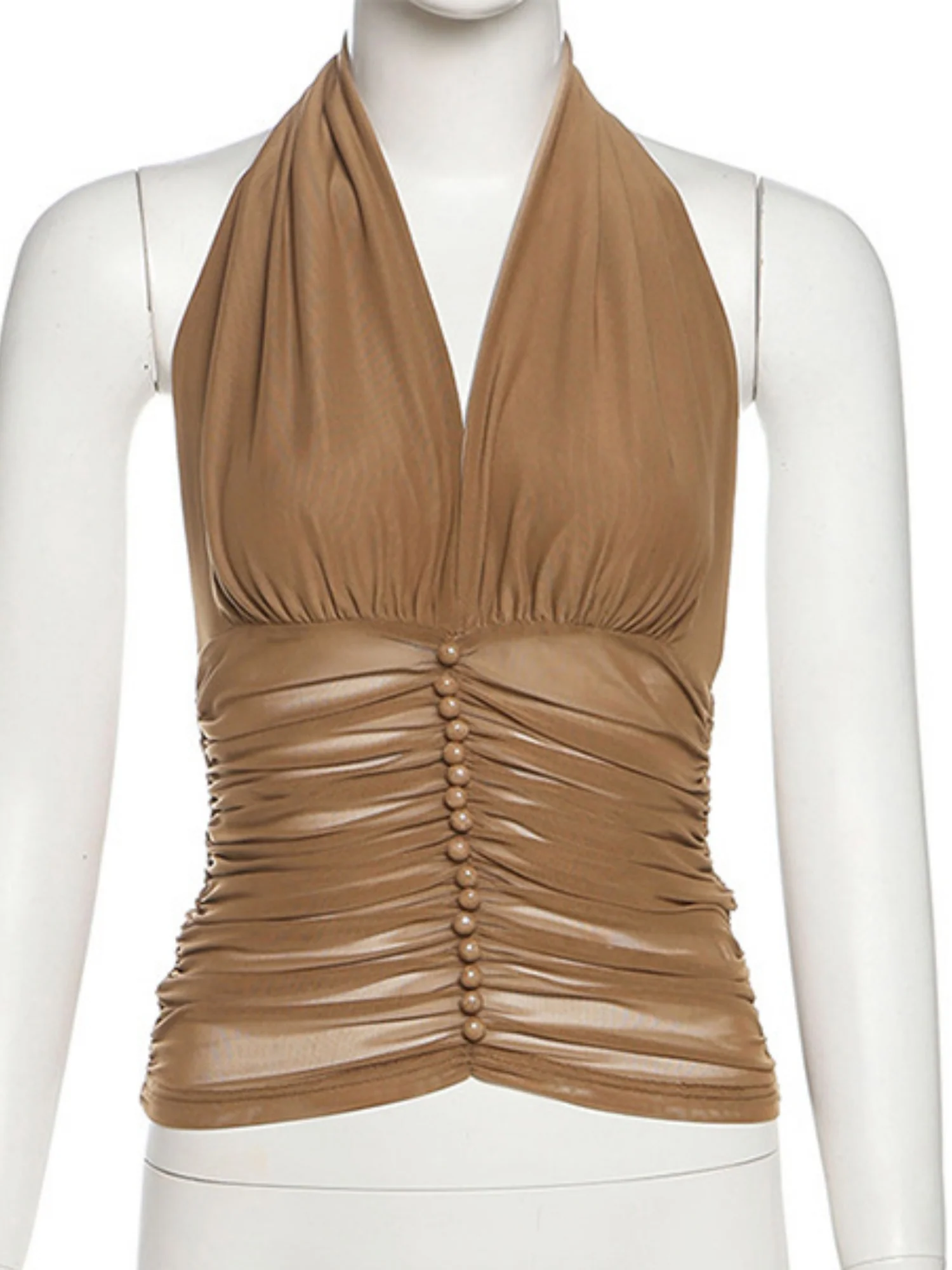 Mesh Pleats V-neck Halter Neck Backless Tank Tops - Image 5
