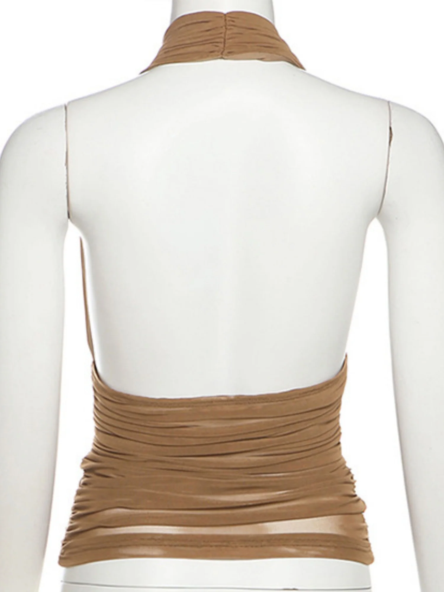Mesh Pleats V-neck Halter Neck Backless Tank Tops - Image 6