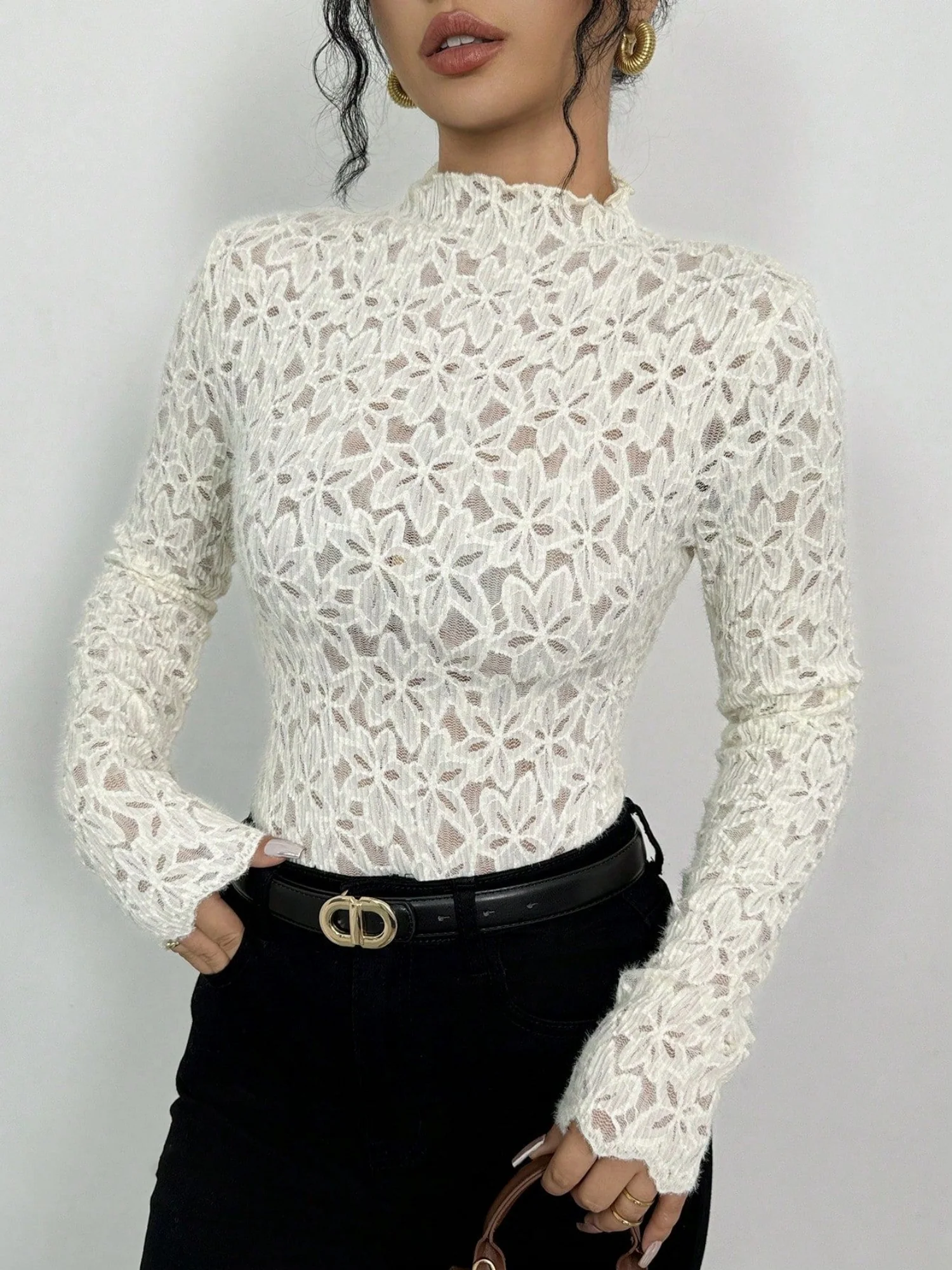 Lace Flowers Perspective High Collar Slim Fit Long-sleeved T-shirt