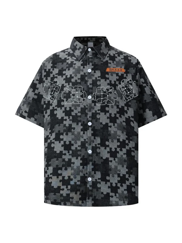 Retro Puzzle Rhinestone-studded Floral Shirts - Image 2