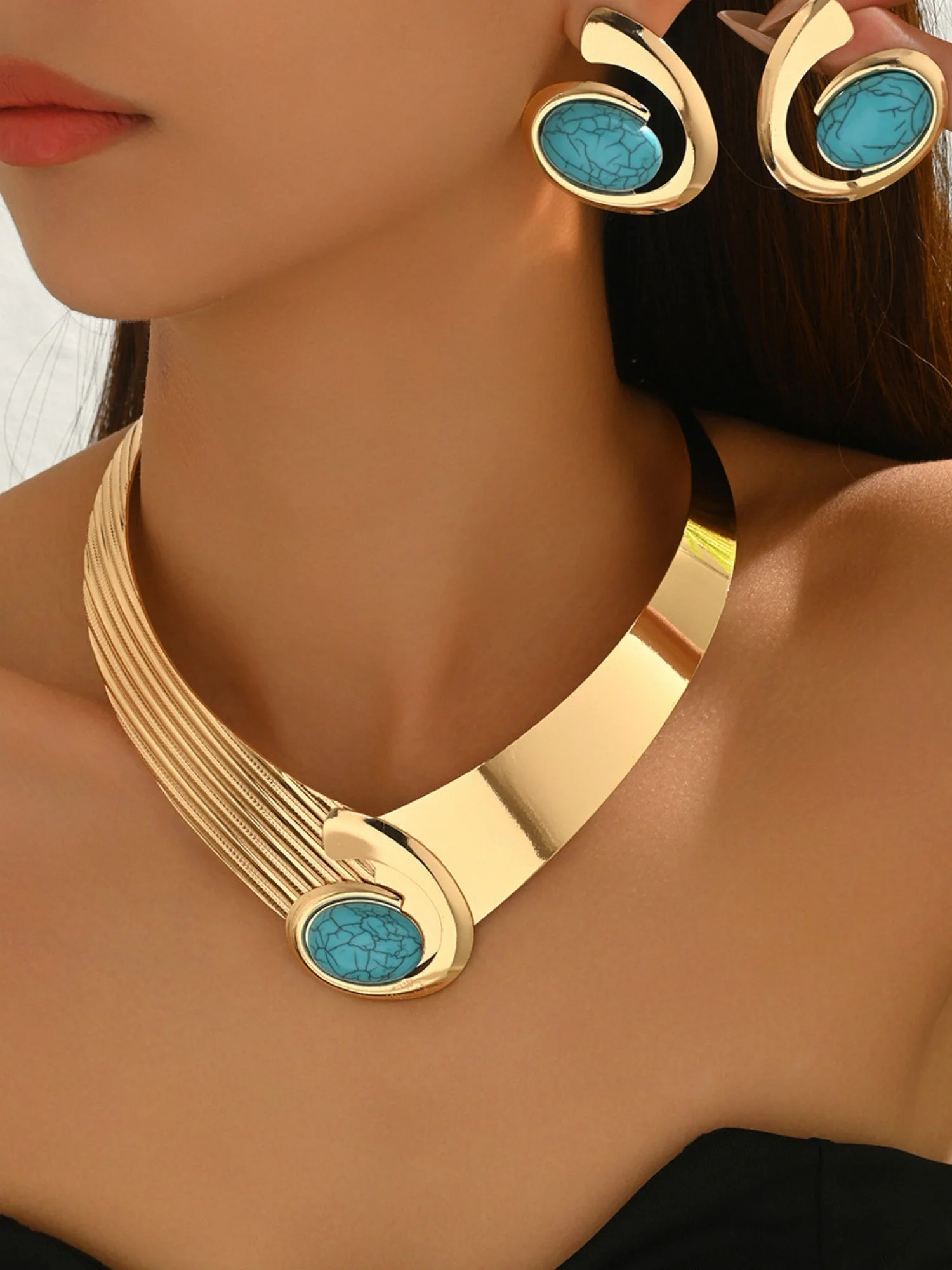 Inlaid Gemstones Necklace And Earrings Jewelry Sets - Image 4