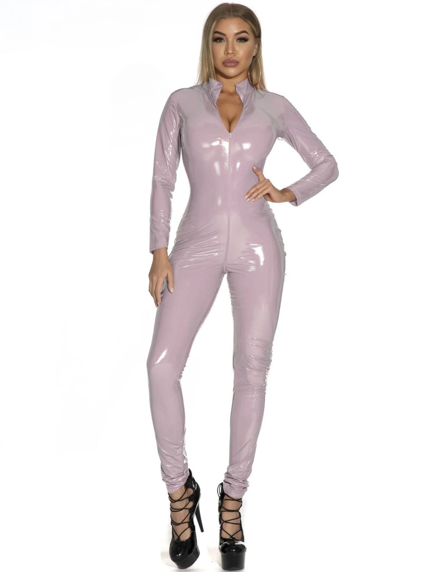 PU Leather Zipper Crossing The Crotch Long Sleeves Jumpsuits&Bodysuits - Image 3