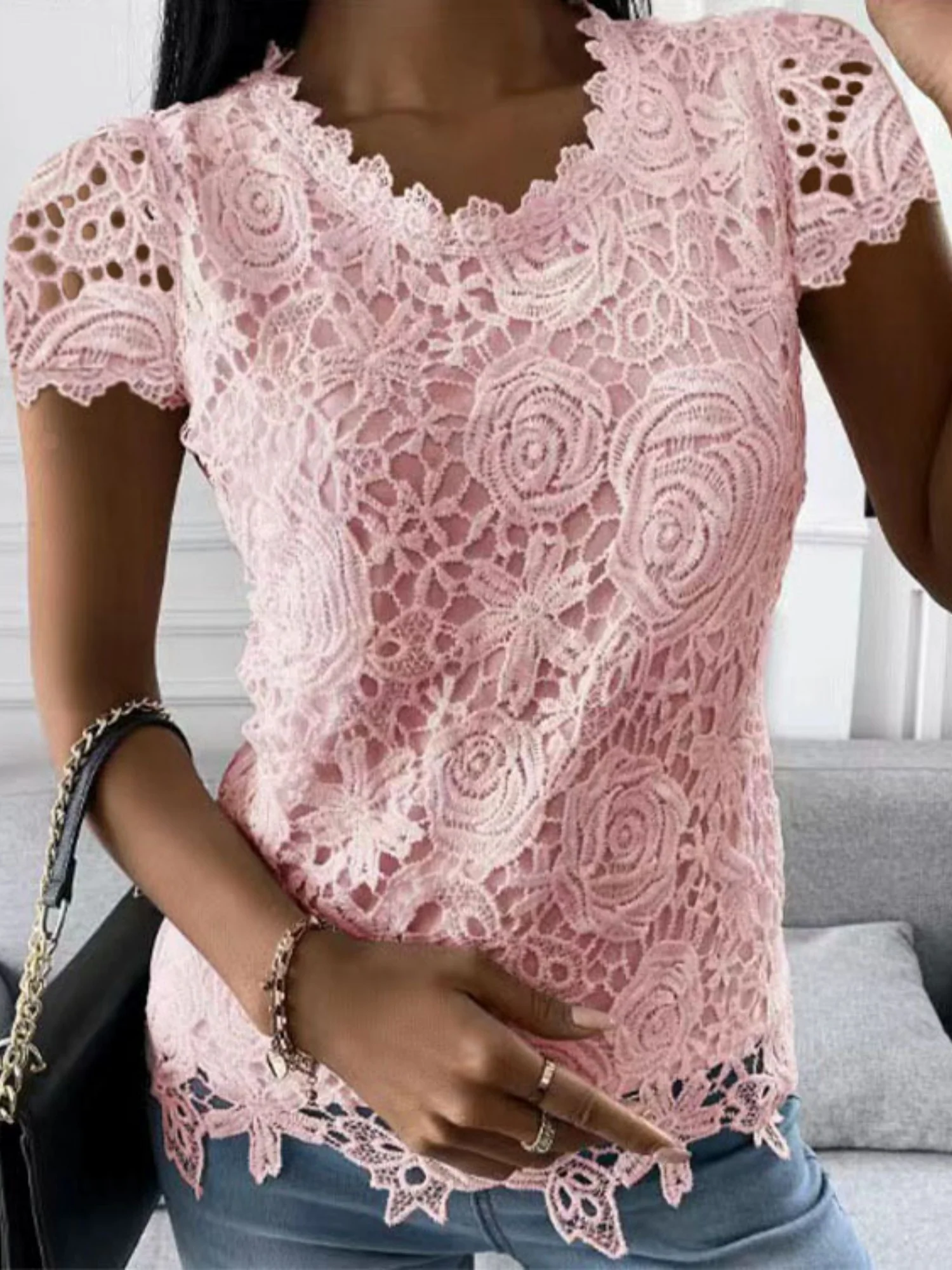 Lace Trim Crew Neck Short-sleeved T-shirt - Image 2