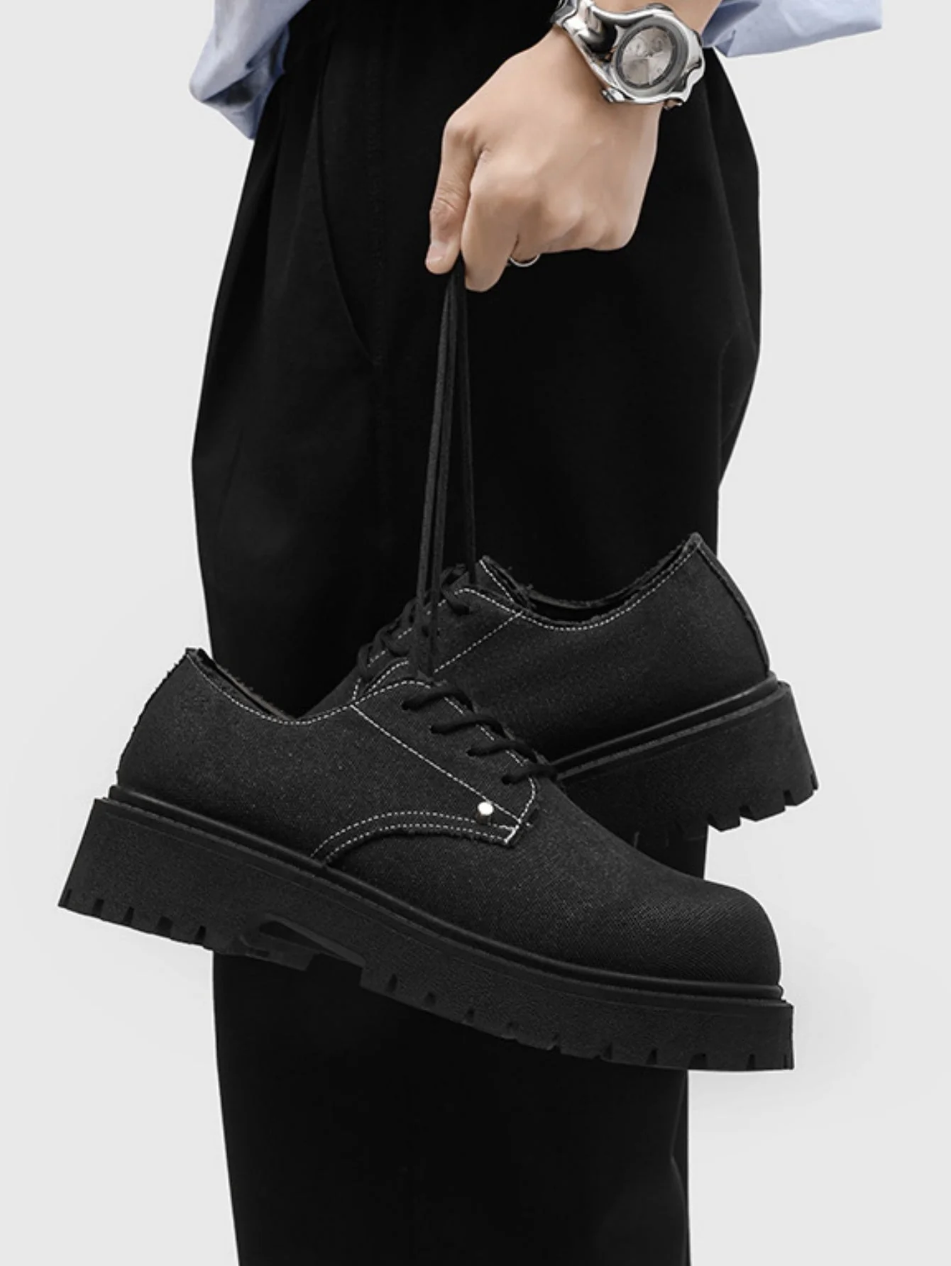 Black Canvas Chunky Sole Derby Shoes - Image 4