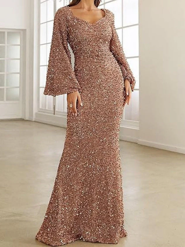 V-neck, Bodycon Sequined Mid-waist, Flared Sleeve Long Dress - Image 2