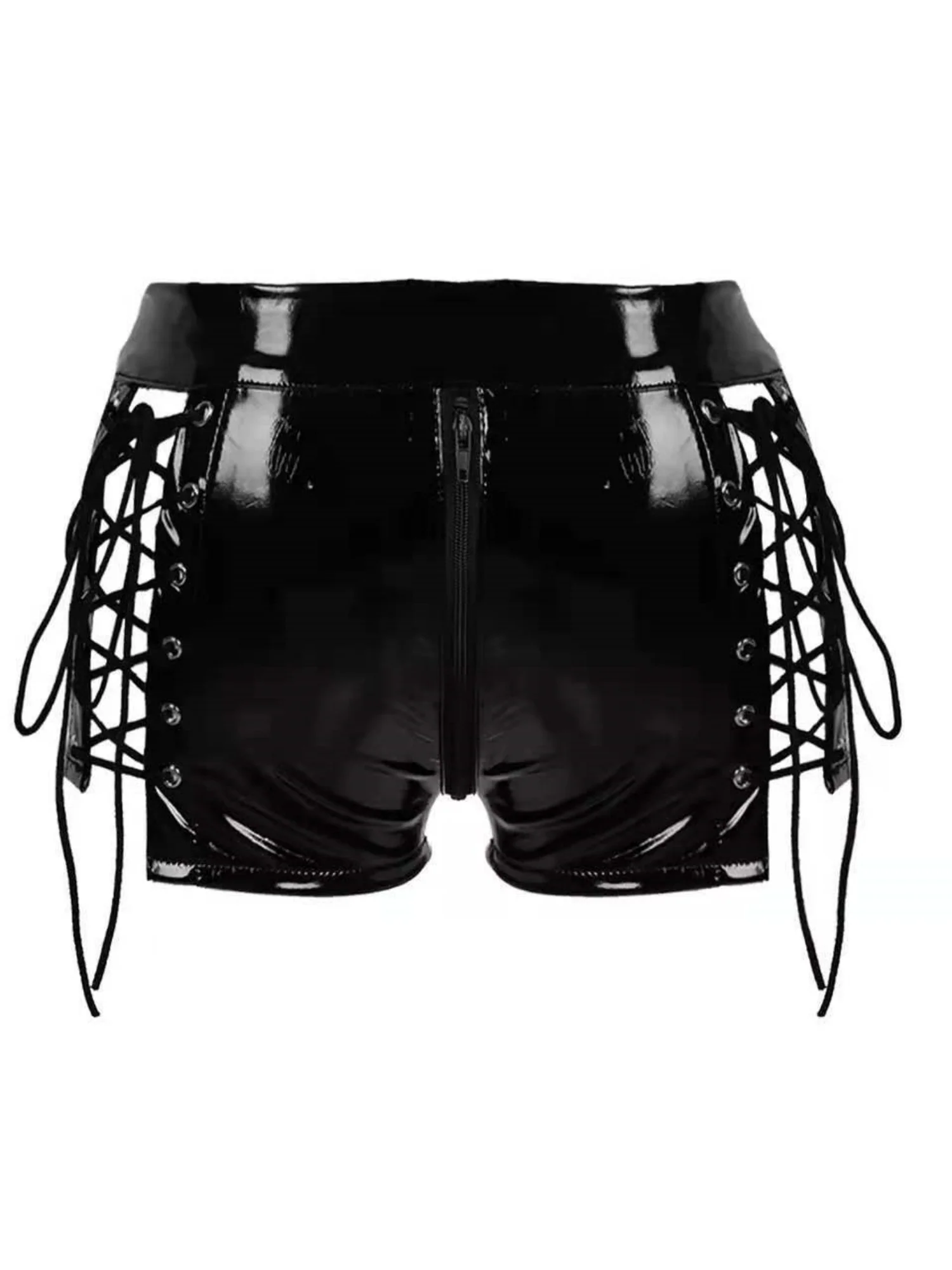 PVC Paint Zipper Opening Sexy Side Straps Shorts - Image 3
