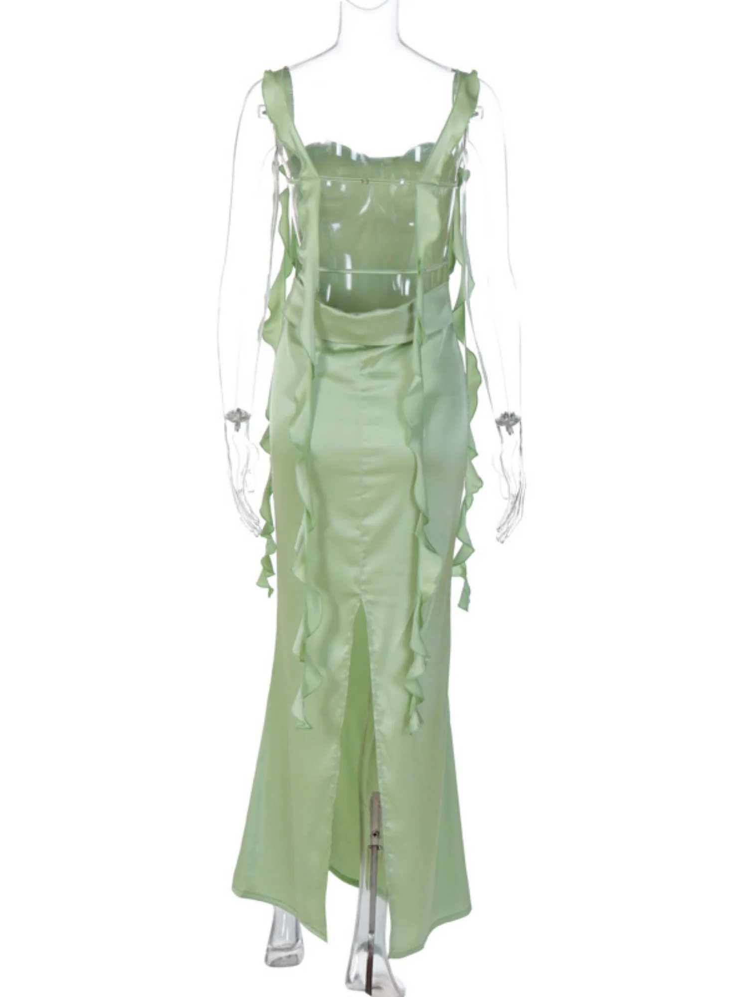 Satin Ruffled Ribbons Backless Maxi Dresses - Image 6