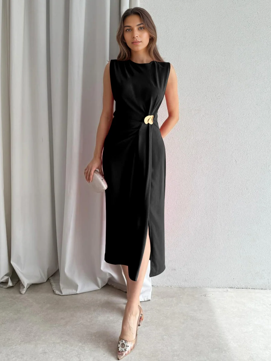 Sleeveless Pleated Metal Decoration Slit Midi Dresses