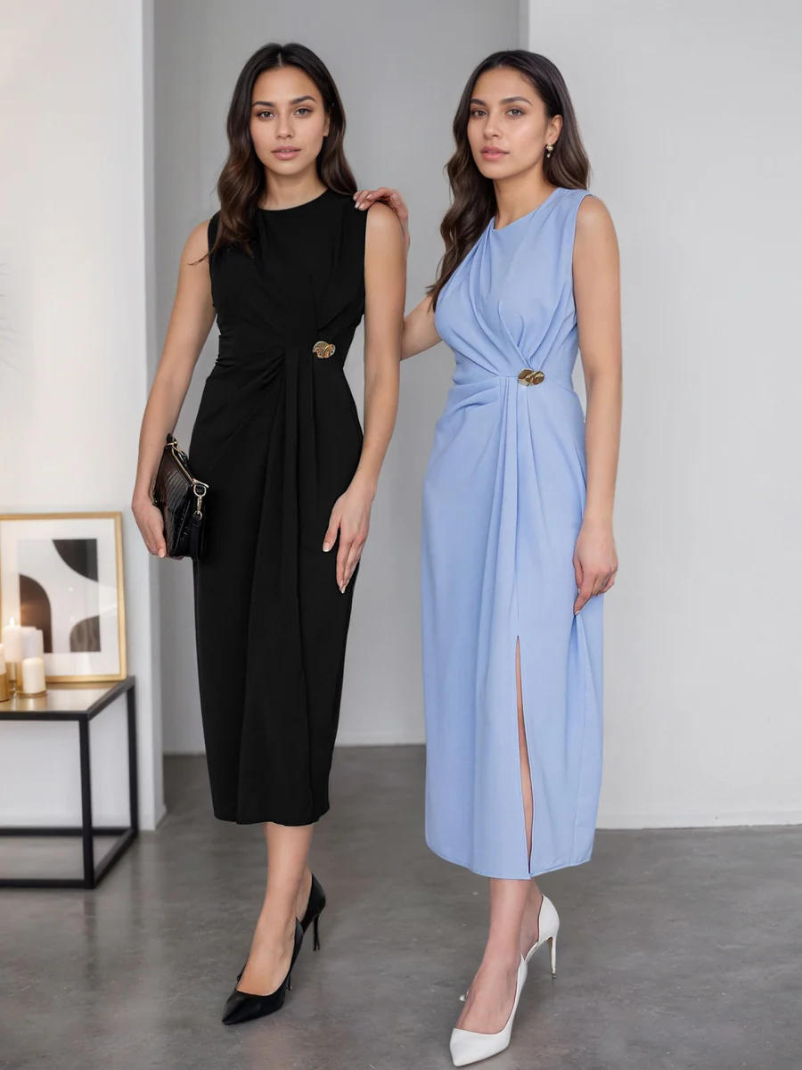 Sleeveless Pleated Metal Decoration Slit Midi Dresses - Image 2