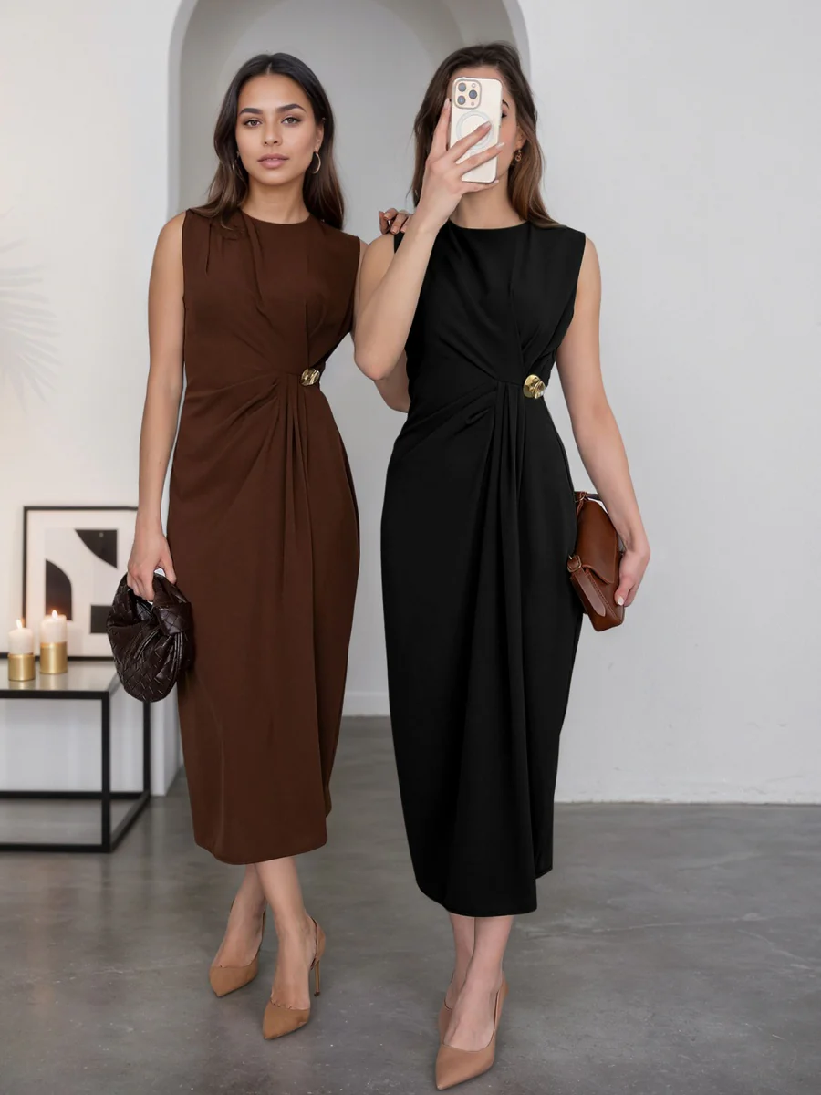 Sleeveless Pleated Metal Decoration Slit Midi Dresses - Image 3
