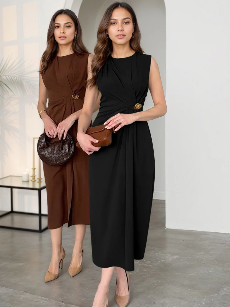 Sleeveless Pleated Metal Decoration Slit Midi Dresses - Image 4