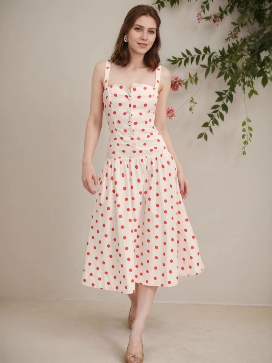 Red Polka Dots Retro Buttons Maxi Dresses