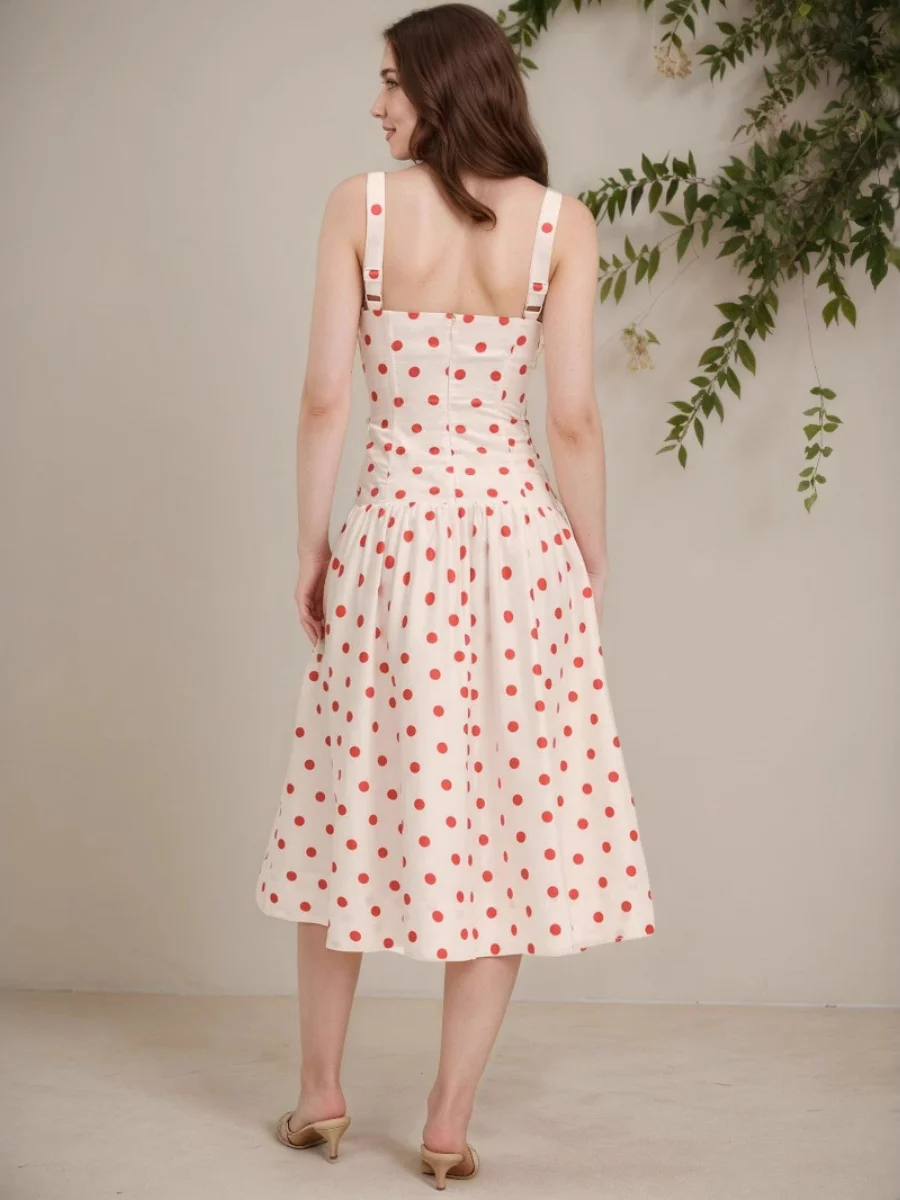 Red Polka Dots Retro Buttons Maxi Dresses - Image 2