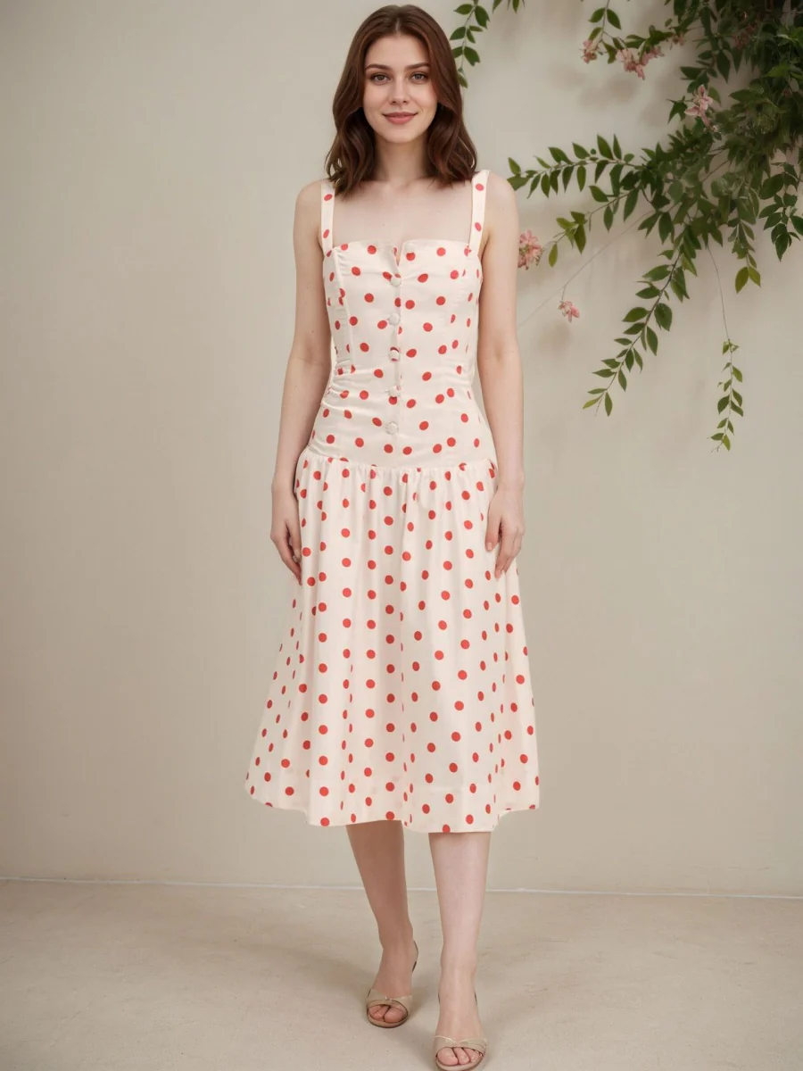 Red Polka Dots Retro Buttons Maxi Dresses - Image 4