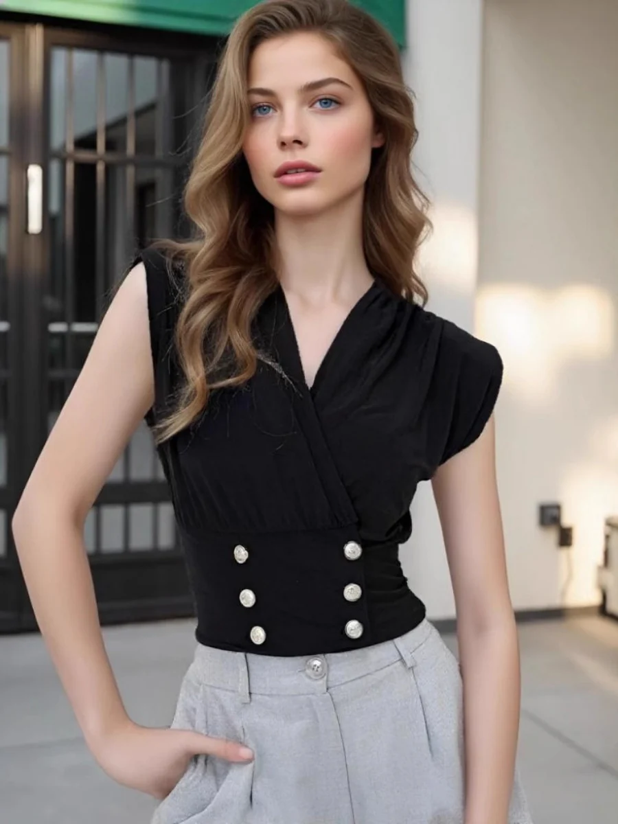 Black V-neck Cross Neck Double-row Pearl Buttons Commuting T-shirts - Image 4