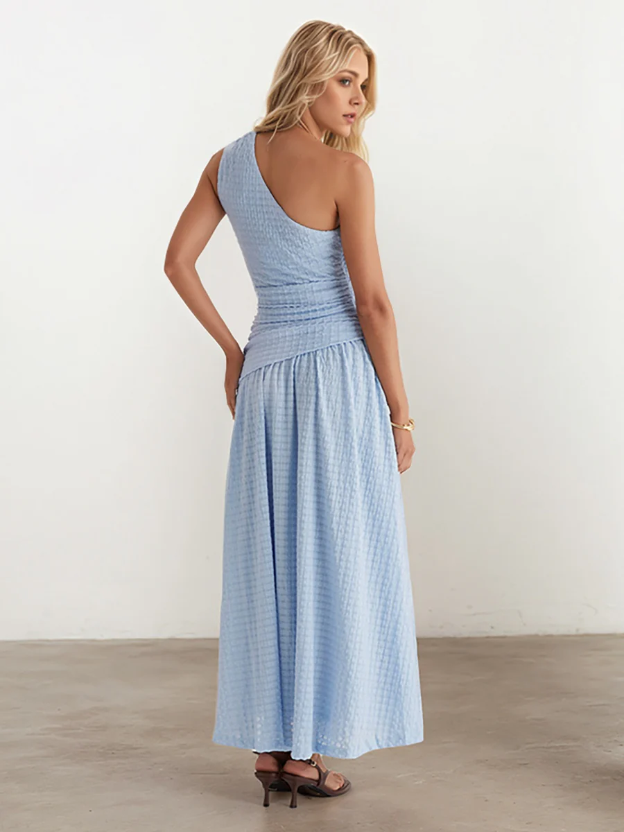 Sloping Shoulders Blue Asymmetrical Instagram Style Maxi Dresses - Image 2
