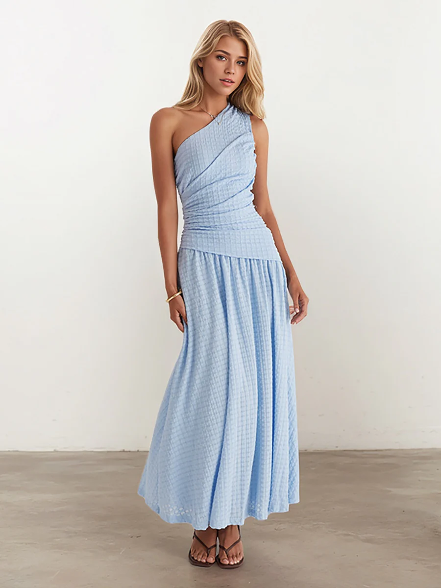 Sloping Shoulders Blue Asymmetrical Instagram Style Maxi Dresses - Image 3