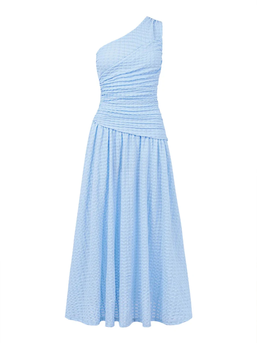 Sloping Shoulders Blue Asymmetrical Instagram Style Maxi Dresses - Image 5