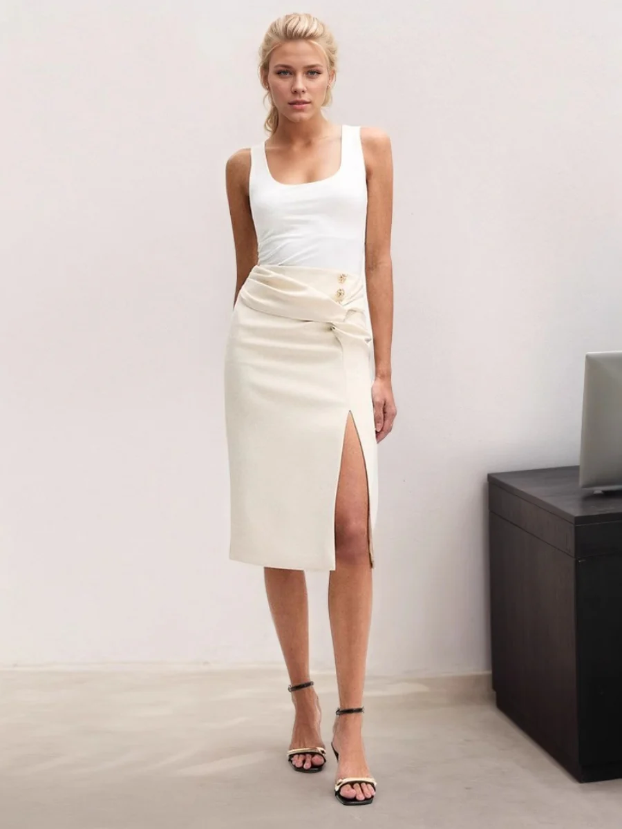 OL Attire Pleated Buttons Slit Skirts - Image 2