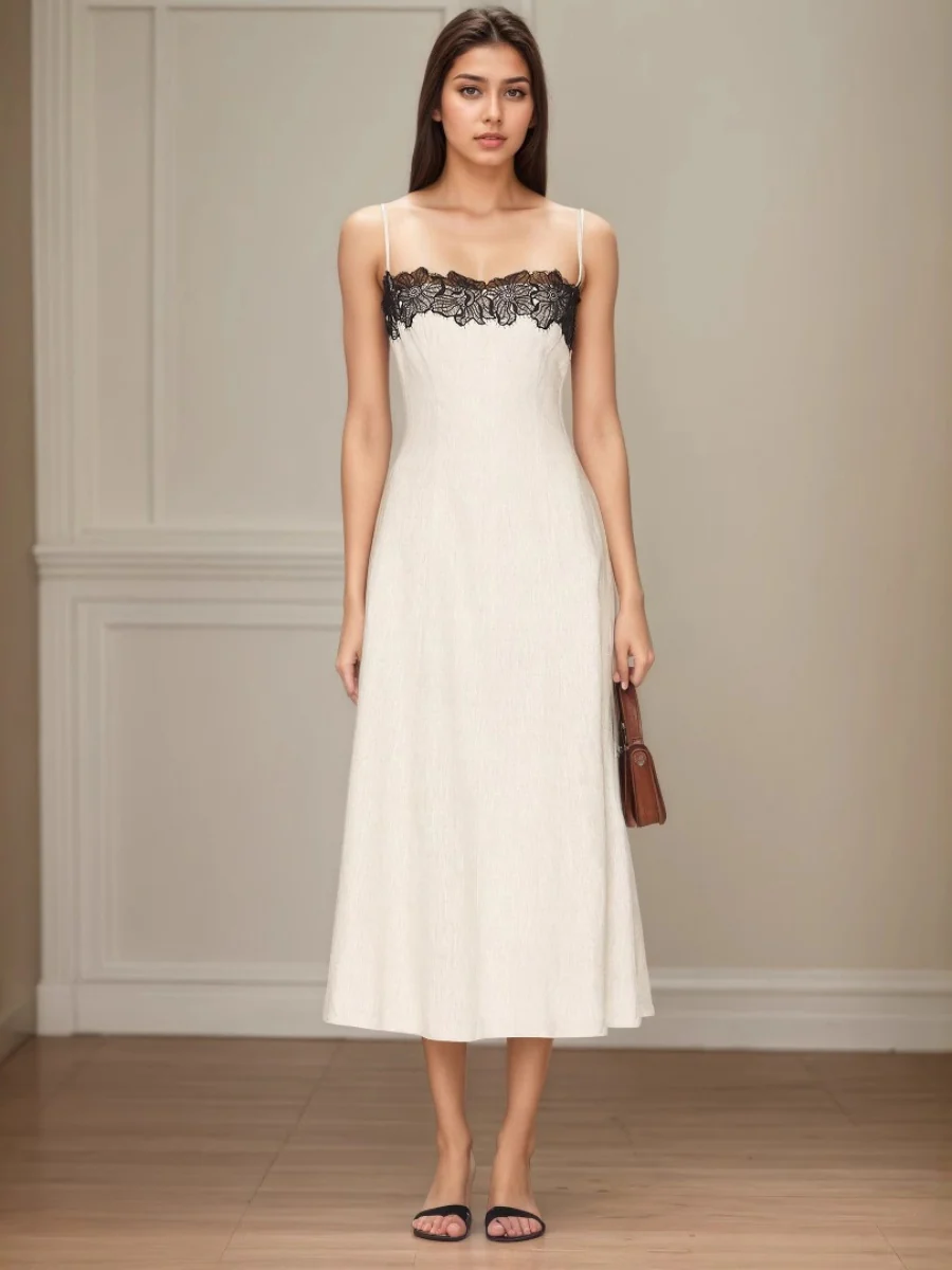 Lace Stitching Grace Temperament White Maxi Dresses